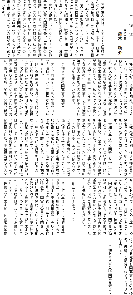 　　　　　　　ご　　挨　　拶
　　　　　　　　　　　同窓会長　　　　　　　　　　　鈴木　啓介


　同窓生の皆様、ますますご清祥のこととお慶び申し上げます。日頃より同窓会活動にご理解とご協力を賜り、心より御礼申し上げます。
　令和７年を迎えましたが、今年は昭和に換算するとちょうど１００年にあたります。多くの同窓生が生まれ育った昭和は、戦争と平和、貧困と豊かさ、停滞と発展という、激動の時代でした。
　令和の現在も、ウクライナでの紛争や不安定な国際情勢、「令和の米騒動」に代表される国内の経済変動など、先の見えない時代を私たちは生きています。しかし、昭和と令和には大きな違いがあります。その一つが人口減少問題です将来に希望が持てた昭和とは異なり、令和では未来を担う子どもたちの数が減り続けています。
　残念ながら、佐渡も例外ではありません。２０２３年の佐渡市の出生数は１８３人に過ぎず、２０００年の５３４人と比べると大幅な減少です。新潟県教育委員会が発表した県立高校の将来構想でも、今後、佐渡地域の募集学級数が減らされることが示されており、私たちは少子化という現実に直面しています、このような状況の中、同窓会として佐渡高等学校の活動をどのように支えていけるのかを考えていきます。

　令和６年度の同窓会活動報告

　さて、前年度（令和６年度）の同窓会活動についてご報告させていただきます。
　昨年も例年通り８月２５日に総会および懇親会を開催し、多くの皆様にご参加いただきました旧交を温め、世代を超えた交流の輪が広がる貴重な時間となり、改めて同窓の絆の深さを感じることができました。また、島内各支部、関東、関西、新潟、中部支部でも例年通り支部総会が開催されております。多くのご参加をいただき誠にありがとうございます。
　令和５年度から開始した学生用の個人ロッカー寄付については、昨年も継続し、１学年２００人分の提供を行いました。本年４月の新入生にも寄付を行い、全校生徒分の提供が無事完了いたしました。生徒たちの学校生活の一助となれば幸いです。
　その他にも、エアコン補助やクラブ活動の遠征費補助など、学生の活動支援を行わせていただきました。今年は陸上部が伝統ある春の高校伊那駅伝に参加し、素晴らしい成績を収めました。今後も生徒たちが様々な分野で活躍してくれることを期待し、些少ですが活動費の補助をおこなってまいります。
　長年の課題であった同窓会会費のコンビニ払につきましては、利便性は高いことはわかっていたのですが、手数料や手続きの煩雑さから導入が困難でした。事務担当者の多大な努力のおかげで、ようやく導入にめどが立ち、本年から開始することとなりました。コンビニでも使用できる振込用紙はこの同窓会会誌とともに同封されております。同窓会活動は皆様からの会費とご協力で成り立っています。今後も皆様の負担の軽減を図っていきたいと考えておりますので、何かご提案等ございましたら、お気軽にご連絡ください。

　創立１３０周年に向けて

　そして来年はいよいよ佐渡高等学校創立１３０周年を迎えます。昨年１１月より準備委員会を、そして本年６月には正式に創立１３０周年記念行事第一回実行委員会を開き、本格的に準備を開始しています。各部会に分かれて、素晴らしい記念行事となるよう検討を進めておりますので、こちらにつきましても寄付を含め、ご支援のほどよろしくお願いいたします。
　最後になりますが、佐渡高等学校のさらなる発展と同窓会会員の皆様のご健勝、ご活躍を心よりお祈り申し上げます。

　　令和七年八月発行同窓会報より
